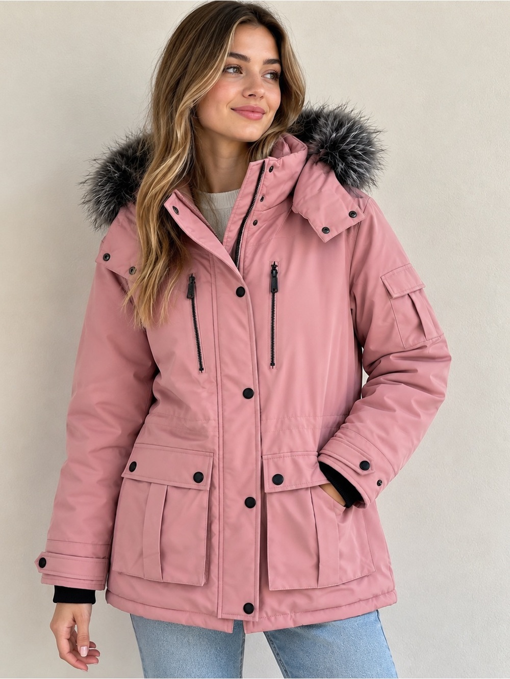 Wantdo Women’s XL Pink Winter Parka Faux Fur Hood Insulated Utility Jacket